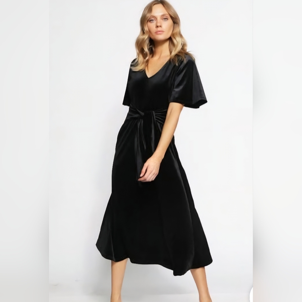 Bibi Black Velour Mid Length Dress, Size Medium